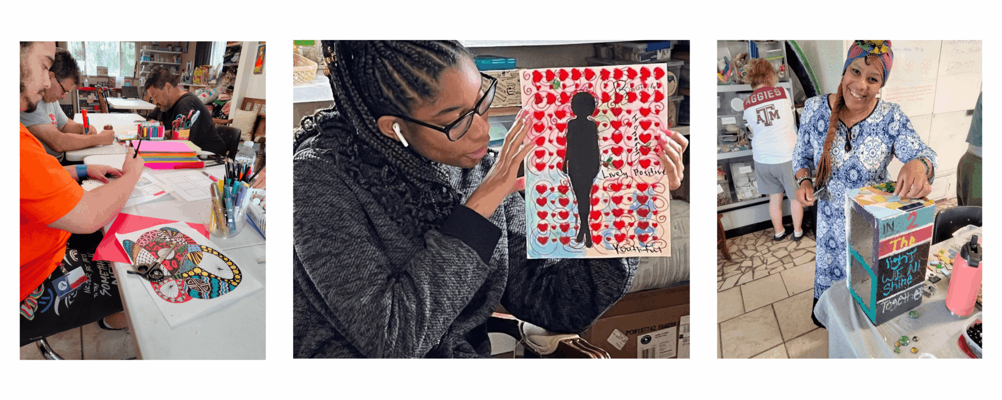 Group art activities: people creating colorful artwork at table with supplies, woman holding flower-patterned silhouette design, and woman with decorated box featuring painted text.