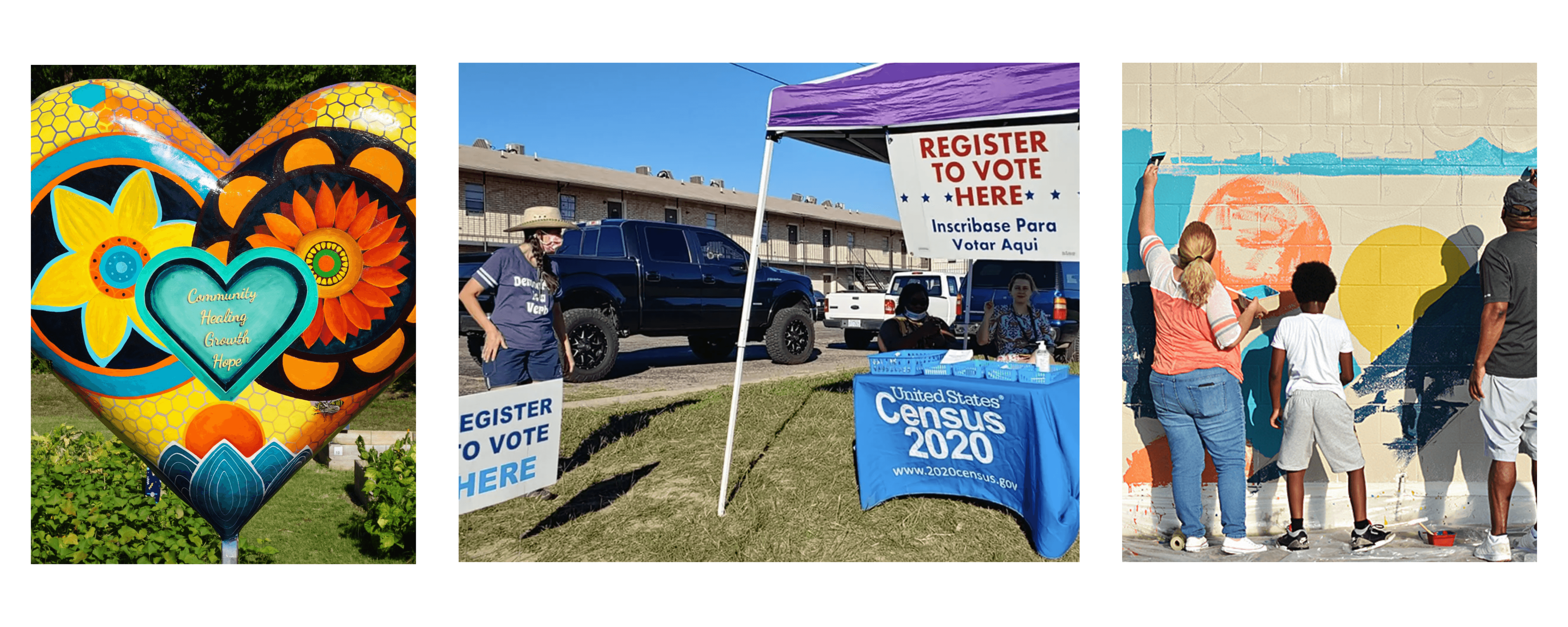 Civic engagement activities: community members participating in voter registration and community initiatives.